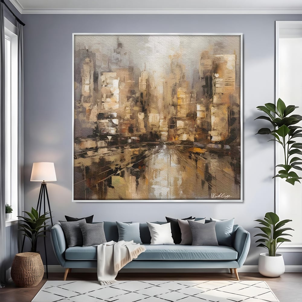 Tablou canvas cu pictura abstracta cu zgarie-nori si reflexii, in rama de aluminiu argintiu, pe perete intr-un living